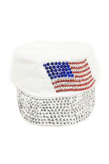 Rhinestone USA Flag Cadet Hat-H1137-WHITE