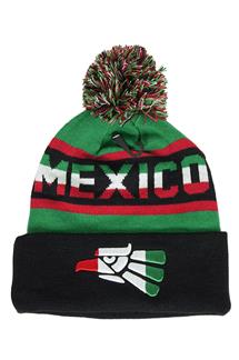 Mexico Pom Pom Fine Knit Beanie-H1786-GREEN-BLACK