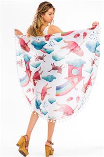Rainbow Girl Cat Print Tassel Beach Blanket Scarf-S1824