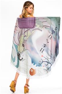 Japanese Painting Print Tassel Beach Blanket Scarf-S1831